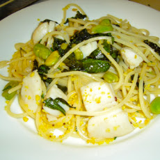 Fava Beans, Ramps, Dandelions and Scallops over Pasta alla Chitarra (Saturday Night's Dinner)