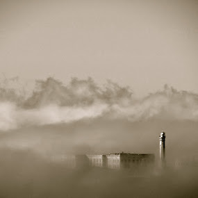 Alcatraz Fog by Jeff Steiner - Landscapes Travel ( san francisco bay, fog, light house, alcatraz prison, alcatraz island )