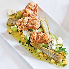 Fried Oysters with Green Tomato, Sweet Corn, and Blue Cheese Vinaigrette and Quick Pickled Okra
