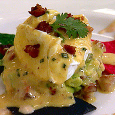 Poached Eggs with Chipotle Dressing and Avocado Relish and Andouille Hollandaise