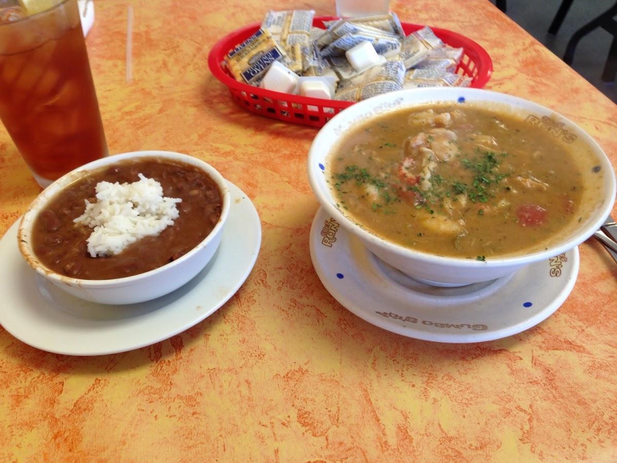 GF seafood gumbo and red beans and rice