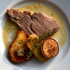 Braised Pork Roast with Onion Jus, Pears, Turnips and Potatoes