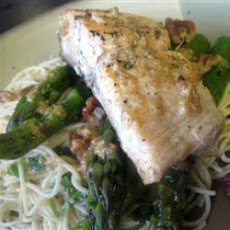 Salmon With  Dijon Butter Sauce, Asparagus and Herb Butter Angel Hair Pasta