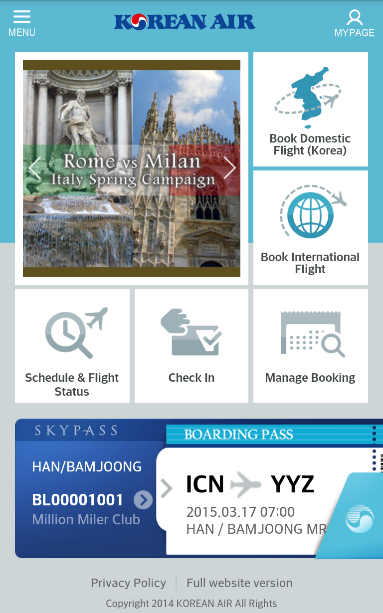 Android application Korean Air screenshort