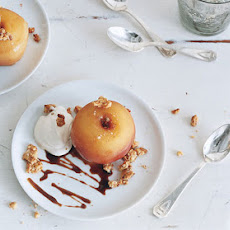Cider-Poached Apples with Candied Walnuts, Rum Cream, and Cider Syrup