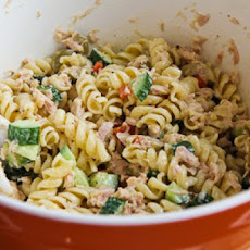 Tuna Pasta Salad Recipe with Lemon, Green Olives, and Cucumbers