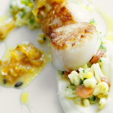 Seared Scallops With Carambola Sauce, Parsnip And Succotash