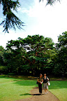 Two obasans stroll along the path in Shizen Kyoiku Park