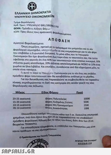 ΕΛΛΗΝΙΚΗ ΔΗΜΟΚΡΑΤΙΑ ΥΠΟΥΡΓΕΙΟ ΟΙΚΟΝΟΜΙΚΩΝ Τμήμα φορολόγησης Αριθ. npurt-moi/APx/A10B1/285009/1792 GEMA: Πρόσθετη Αύξηση Φόρων ΚΟΙΝ: Προς όλους τους αρσενικούς φορολογούμενους ΑΠΟΦΑΣΗ Ανατητοί Φορολογούμενοι Όπως γνωρίζετε, σχετικά με το πρόγραμμα του μνημονίου και το νέο φορολογικό νομοσχέδιο, υποχρεούμεθα να σας ενημερώσουμε για το νέο φόρο που επιβάλλει η Ευρωπαϊκή Επιτροπή. Το μόνο είδος που το Υπουργείο Οικονομικών δεν έχει φορολογήσει έως τώρα είναι το τσουτσούνι ας. Kai τούτο οφείλεται στο γεγονός ότι ένα 40% των τοουτσουνιών είναι εντελώς ανενεργά, 30% στήνεται χωρίς αποτέλεσμα, 20% στήνεται αποτελεσματικά και ΜΟΝΟ το 10% είναι χωμένα σε ξένα λιβάδια, και επιπλέον, συνοδεύεται από δύο εξαρτώμενα μέλη, ta οποία είναι πατάρια. . Γι αυτό το λόγο το Υπουργείο Ουκ°νομικών για το νέο έτος σας επιβάλει πρόσθετο φόρο τσουτσουνού πο