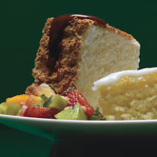 Orange Angel Food Cake with Caramel Sauce and Tropical-Fruit Compote