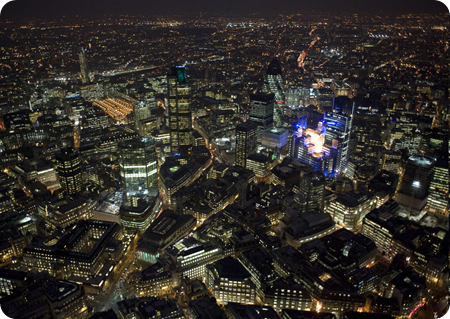 London's financial district, featuring the Lloyd's Building and The Gherkin Jason Hawkes