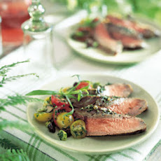Herb-Crusted Flank Steak with Cherry Tomatoes and Olives