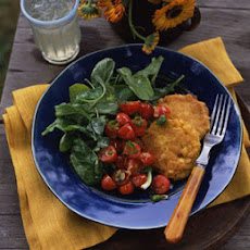 Corn Fritters with Arugula and Warm Tomato Salad