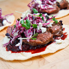 Duck Tacos with Chipotle Cherry Salsa and Crumbled Goat Cheese