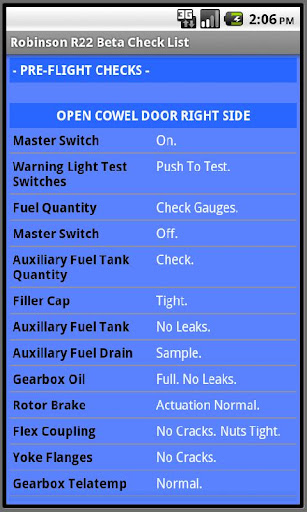 Robinson R22 Flight Check List