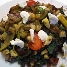Warm Swiss Chard Salad in Brown Butter with Sauteed Vegetables, Goat Cheese, and Walnuts