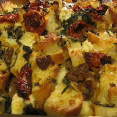 Savory Sausage, Greens and Slow Roasted Tomato Bread Pudding