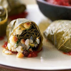 Brown Rice-Stuffed Grape Leaves in Tomato Sauce