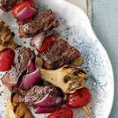 Beef Kebabs with Roasted Green Beans and Almonds