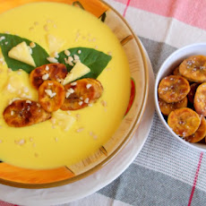 Tropical Gazpacho Served with Fried Ripe Plantains