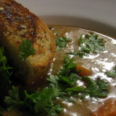 Lentil and Roasted Garlic Soup with Seared Steak