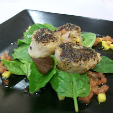 Espresso Crusted Scallops over Wilted Baby Spinach