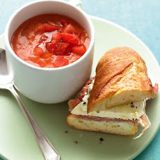 Tomato Gazpacho with Prosciutto-Mozzarella Sandwiches