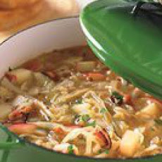 Cabbage and Bacon Soup with Garlic Bread