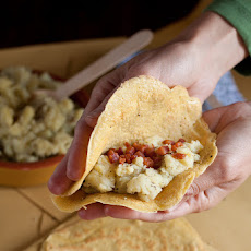 Chickpea flour crepes with rosemary potatoes and bacon