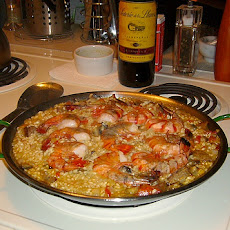 Autumn Paella With Chicken, Sausage, Shrimp, and Olives