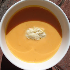 Chilled Carrot Almond Dessert Soup with Almond Raisin Pesto