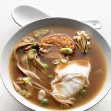 Steamy Bowl of Noodles with Poached Duck Egg, Scallions, and Mushrooms