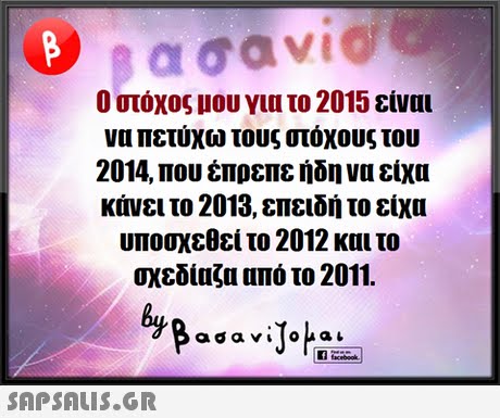 Ο στόχος μου για το 2015 είναι να πετύχω τους στόχους του 2014, που έπρεπε ήδη να είχα κάνει το 2013, επειδή το είχα υποσχεθεί το 2012 και το αχεδίαζα από το 2011.