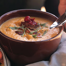 Smoked Turkey and Bacon Chowder with Pumpernickel and Cranberry Croutons