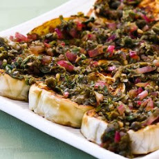Pan-Fried White Eggplant with Onion, Caper, and Herb Sauce