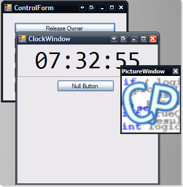 N&oacute;tese que la ventana activa es 'ClockWindow' y a&uacute;n as&iacute; 'PictureWindow' permanece por encima