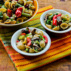 Whole Wheat Orecchiette Pasta Salad Recipe with Roasted Asparagus, Red Bell Pepper, and Mushrooms