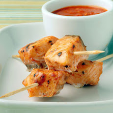Salmon Skewers with Romesco Sauce