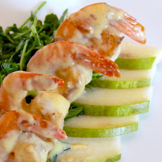 Pea Shoot Salad with Mustard Cream Shrimp and Honey Bear Pear