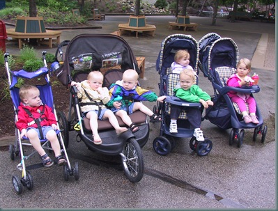 Here are the 2 sets of triplets. See Jack already reaching over to start trouble!