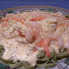 Shrimp Fettuccine Alfredo over Spinach Noodles