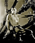 Johnny Weissmuller as Tarzan, high in a tree