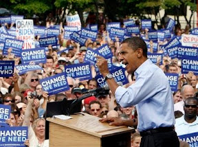 Democratic presidential candidate Sen. Barack Obama, D-Ill. speaks during a rally in Manchester, N.H., Saturday, Sept. 13, 2008. (AP Photo/Chris Carlson)