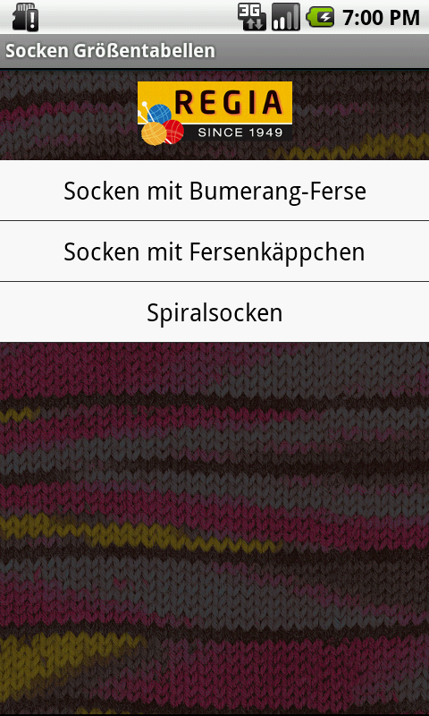 Android application Socken Größentabellen screenshort