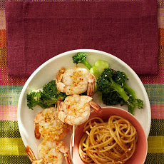 Garlic-Chile Shrimp Skewers with Peanut Noodles and Broccoli