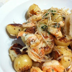 Sauteed Prawns, Potatoes and Enoki Mushrooms
