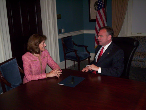 Governor Kaine and Margi discuss environmental policy following the ceremonial bill signing of HB 1229.