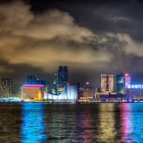 Hong Kong - Victoria Harbour - Kowloon Night Skyline by Fabrizio Vendramin - City,  Street & Park  Skylines ( hong kong, skyline, kowloon, cloud, night, light, reflex, skycraper, china )