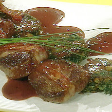 Bacon Wrapped Beef Tenderloin Steaks with Spinach and Cheese Cakes