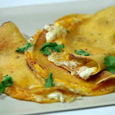 Quesadilla with Goat Cheese, Asparagus, Mushrooms and Roasted Tomatillo Salsa